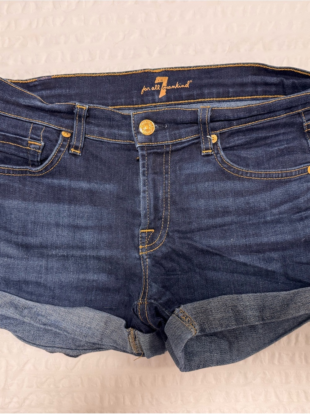 7 For All Mankind Dark Blue Rolled Cuff Denim Shorts